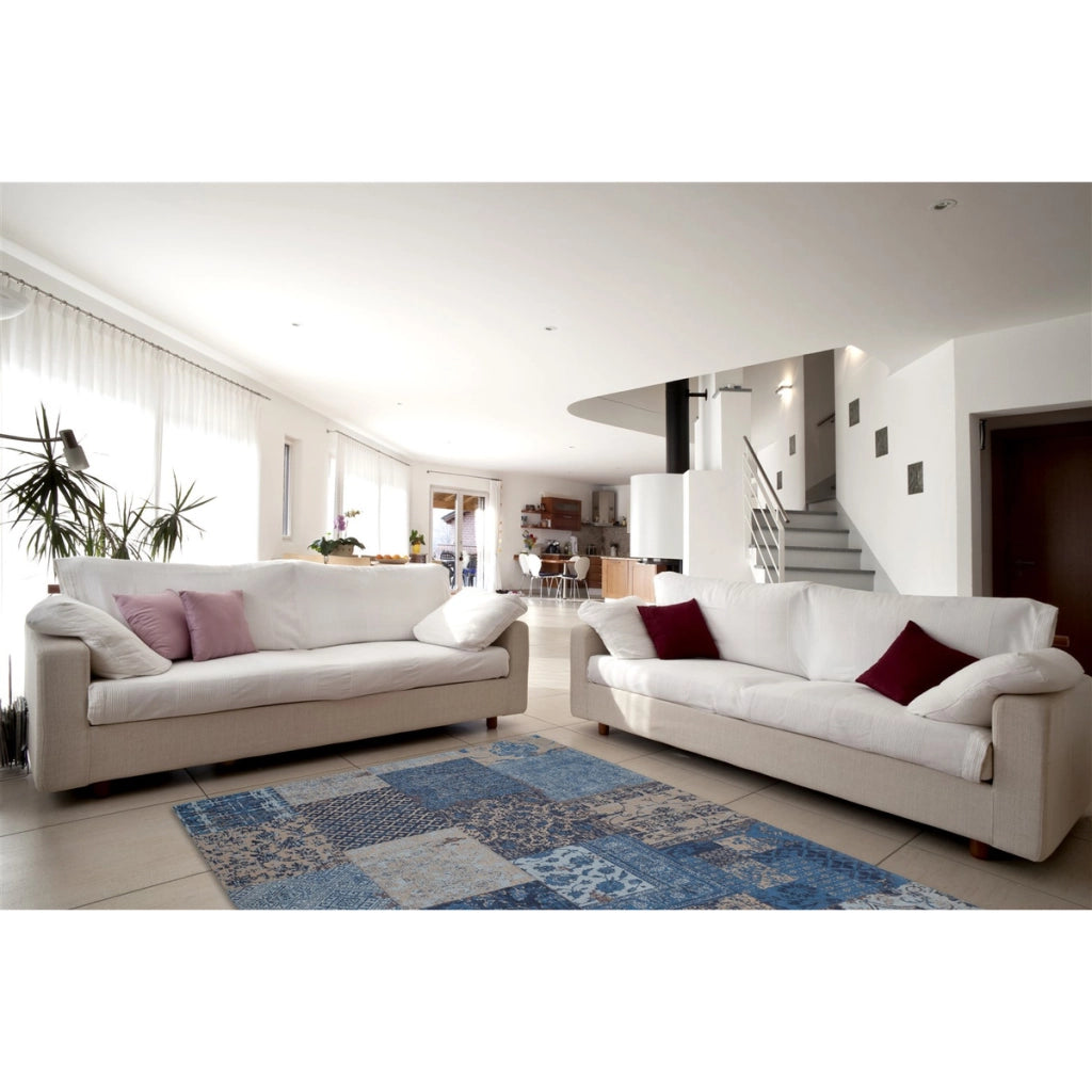 Tappeto Jacquard in cotone blu con motivo patchwork