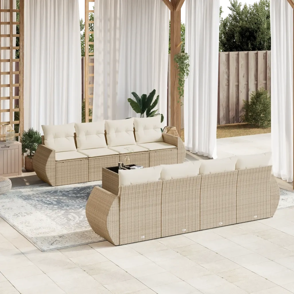 Set Divano da Giardino 9 pz con Cuscini Beige in Polyrattan