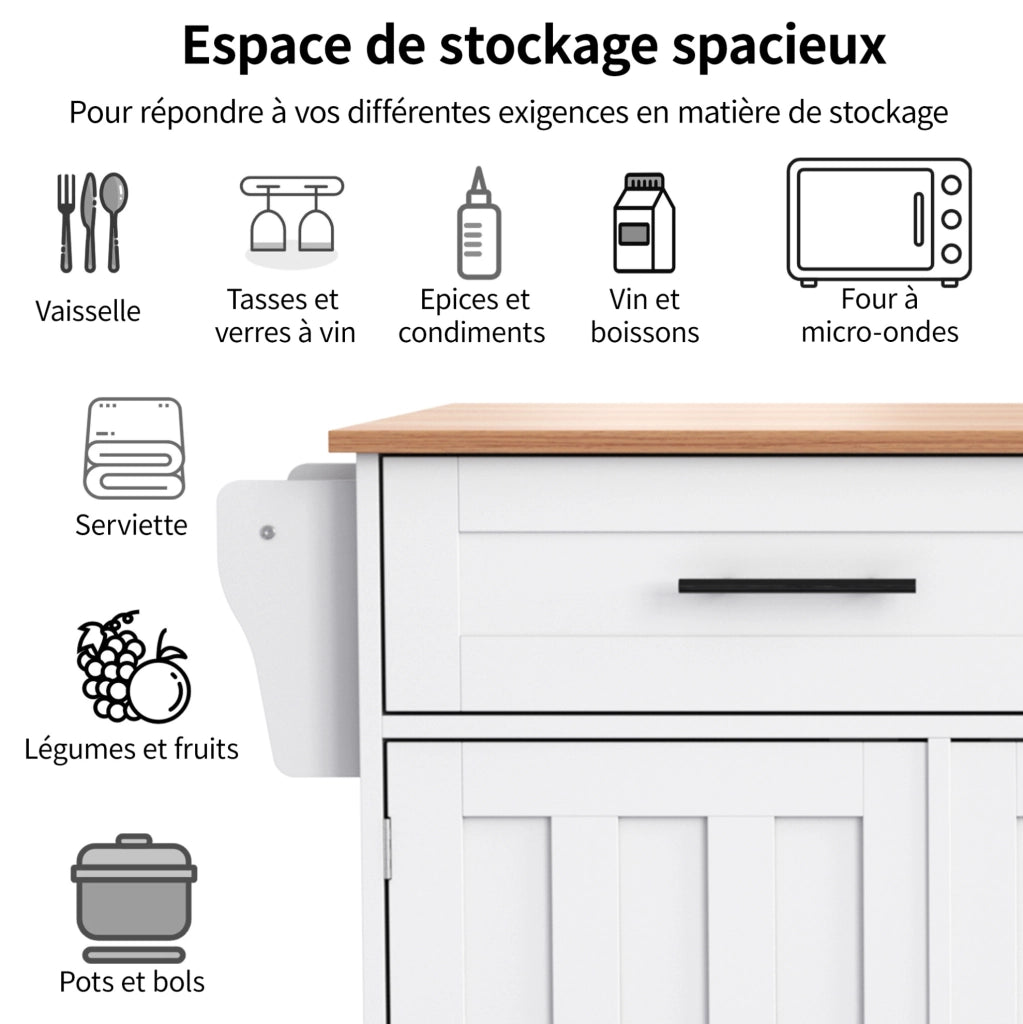 Carrello da cucina con piano ribaltabile 129x71x91;5 cm bianco in MDF