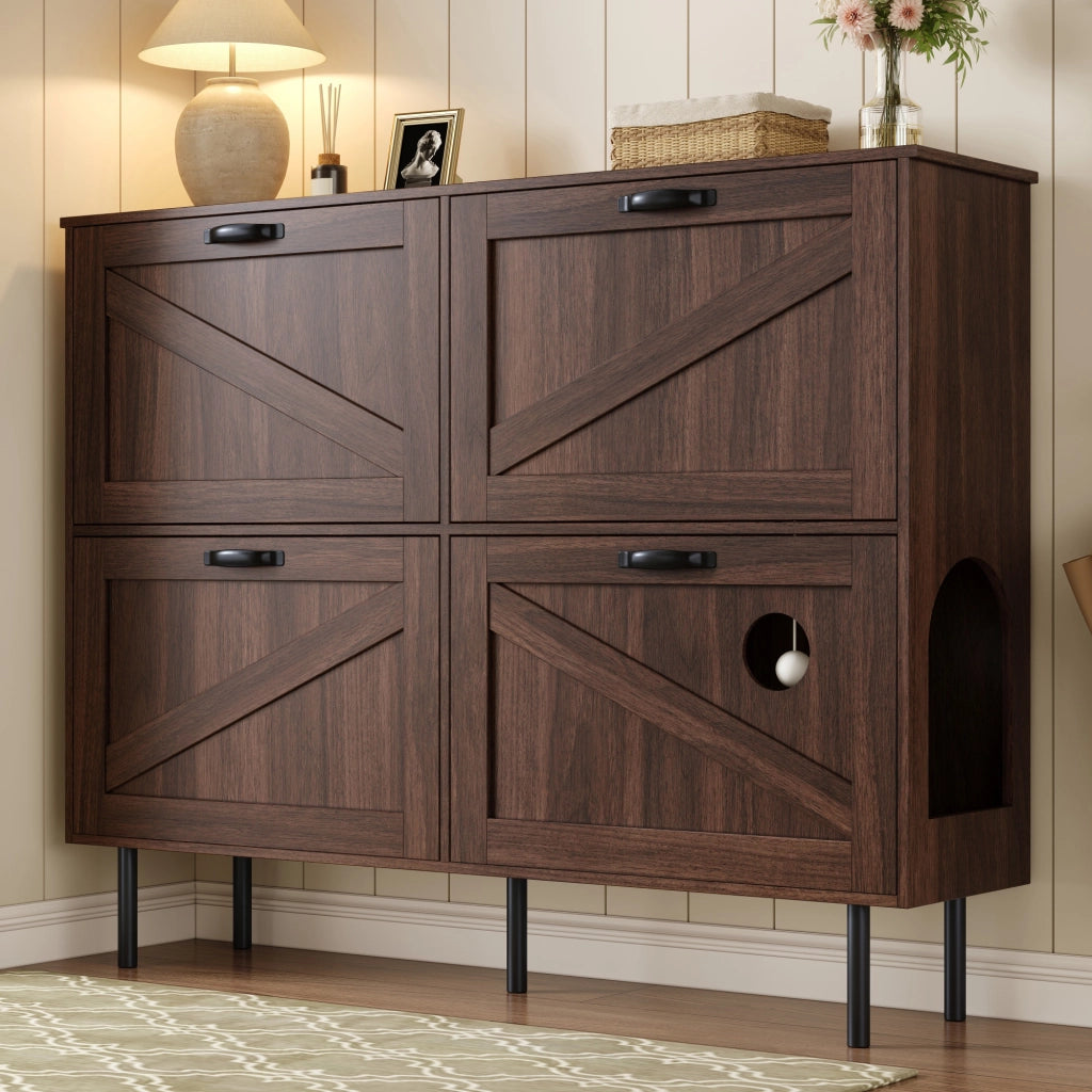 Scarpiera salvaspazio con 4 ante, 3 ribalte per 7¨C9 paia di scarpe, con gioco integrato per gatti, finitura Natural Walnut