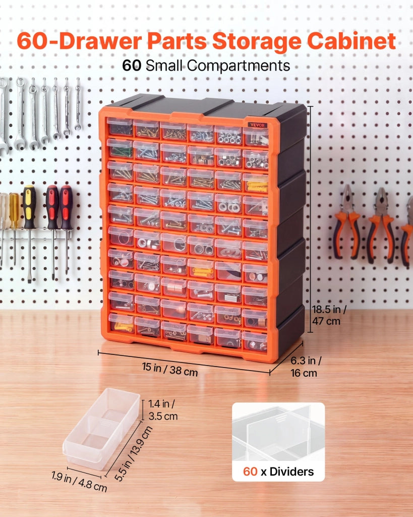 Organizer per Minuteria a 60 Cassetti in Plastica PP, Cassettiera Porta Minuteria da Parete e Impilabile per Viti e Ferramenta, Garage e Officina