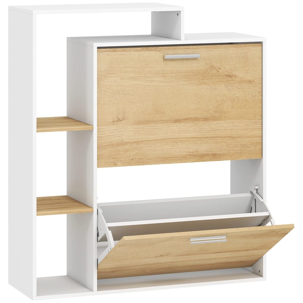 Mobile Portascarpe 80x26x 90 cm con 2 Cassetti a Ribalta e ripiani Bianco e Legno Naturale