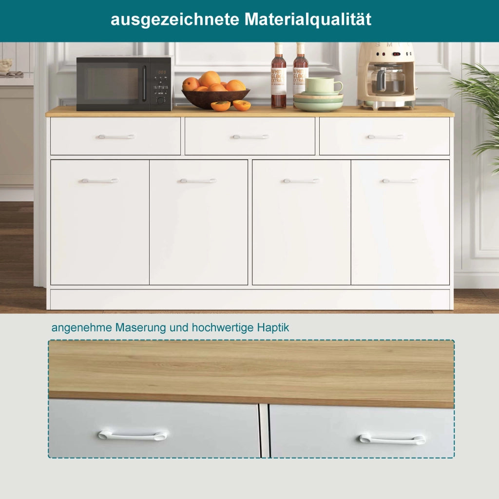 Credenza da cucina con 3 cassetti e ripiani regolabili per cucina e soggiorno in MDF bianco naturale 160 × 37 × 76,5 cm