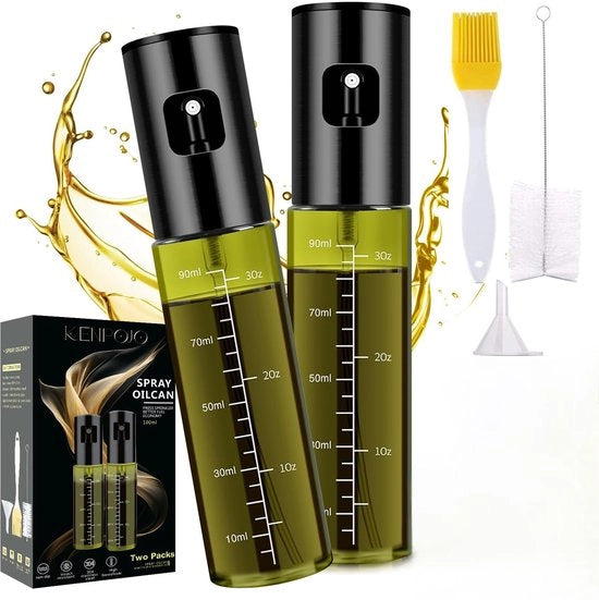 Olioverstuiver 2 in 1 per olio di cottura, flacone di olio da 100 ml in acciaio inox e vetro con scala e imbuto, olioverstuiver multifunzionale per air fryer, insalata, griglia, cottura, accessori da cucina