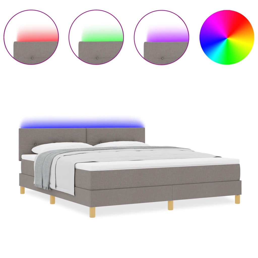 Letto Box Spring con Materasso e Luce LED Tortora 180x200 cm Tessuto