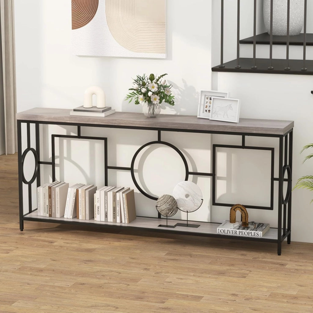 Tavolo Consolle Ingresso a 2 Livelli, Mobile Ingresso con Ripiano di Stoccaggio e Cornice Geometrica, Realizzato Sintetico di Alta Qualità, per Corridoi e Ingressi, Dimensioni 180 x 30 x 80 cm