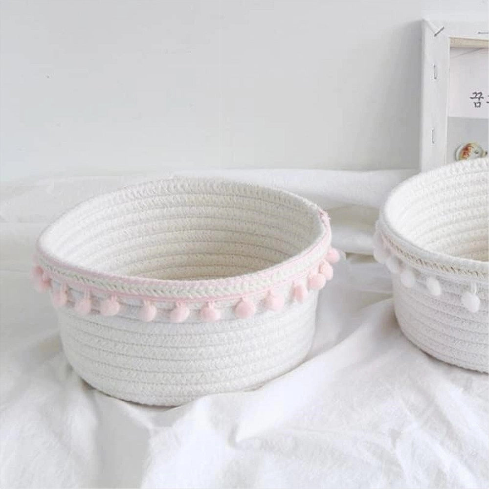 Trade Shop - Cesto Porta Oggetti Per Biancheria In Corda Pon Pon Rosa Cestino 22x9.5 Cm 10666 -