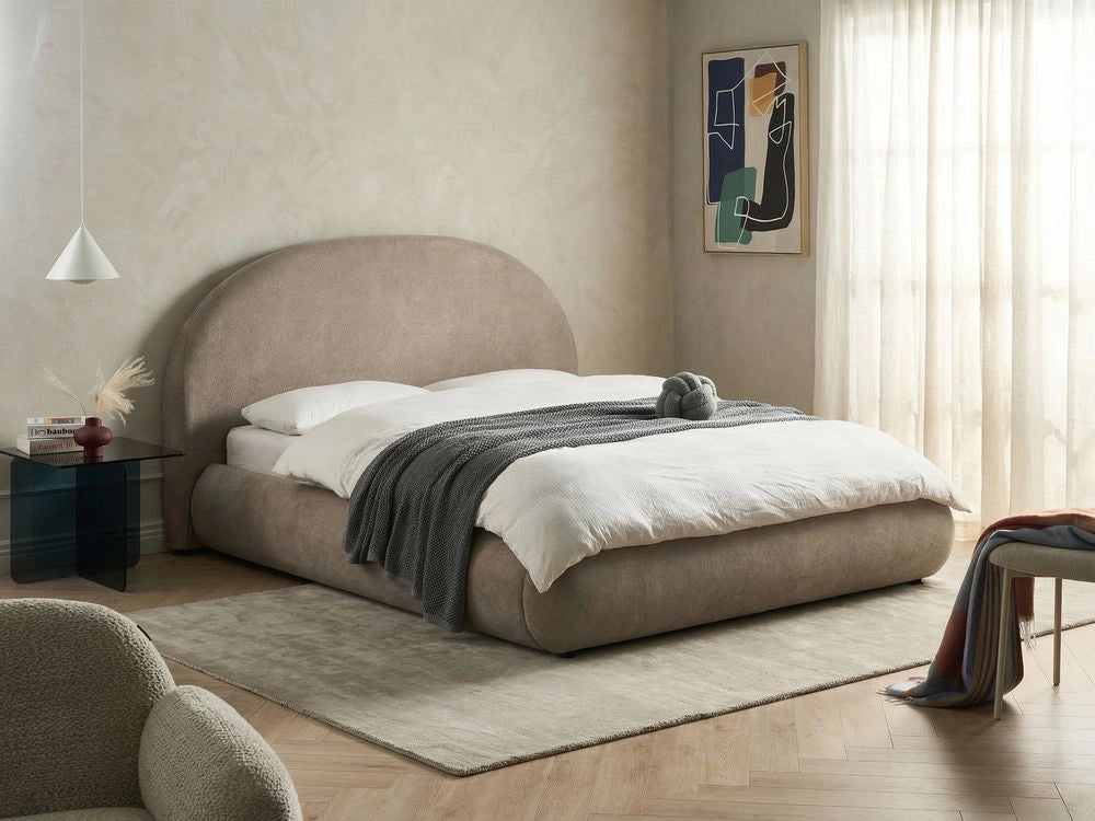 Letto in tessuto tortora 160 x 200 cm con testiera imbottita rete sollevabile e vano contenitore