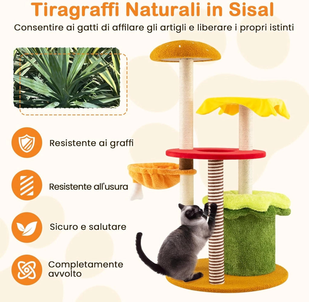 Albero per Gatti 117 cm, Tiragraffi per Gatti a Tema Hamburger con Letto a Cestino Sospeso, Condominio, Trespolo Imbottito, Tiragraffi in Sisal, Cuscini Peluche e Giocattolo Sospeso
