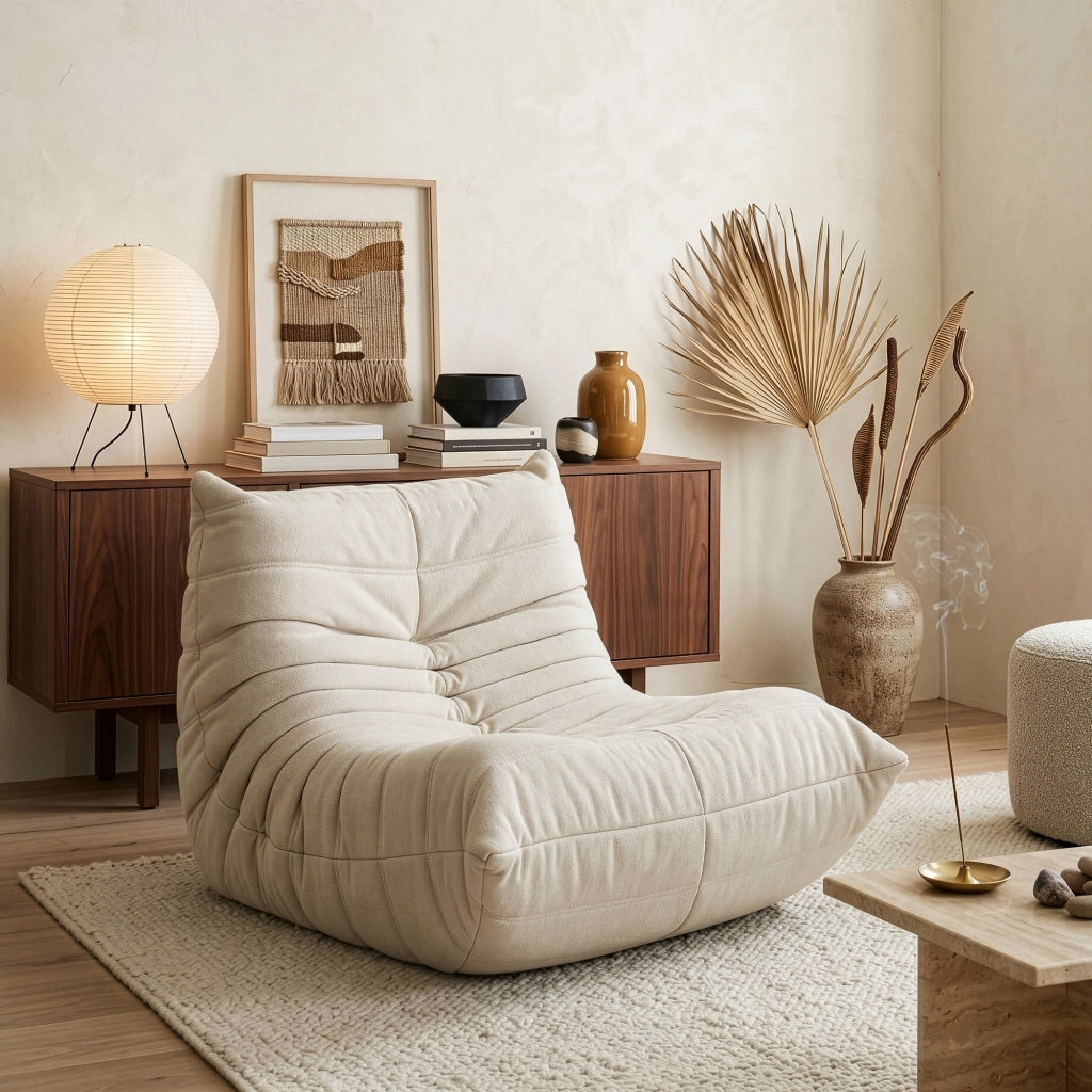 Poltrona Bassa Imbottita Kodsø con Rivestimento in Chenille 75x90x100 cm - Beige [en.casa]