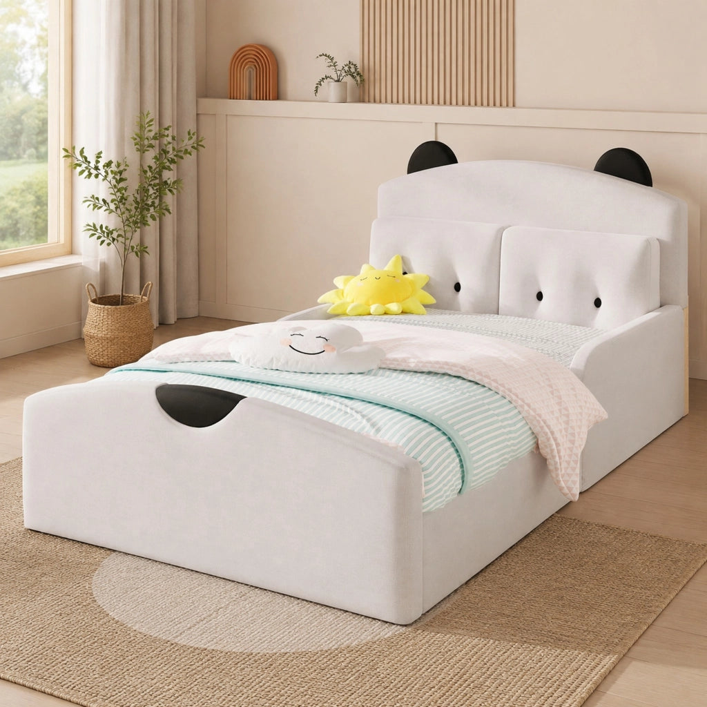 Letto imbottito 140x200 cm con testiera a orsetto in lino bianco e 2 cuscini