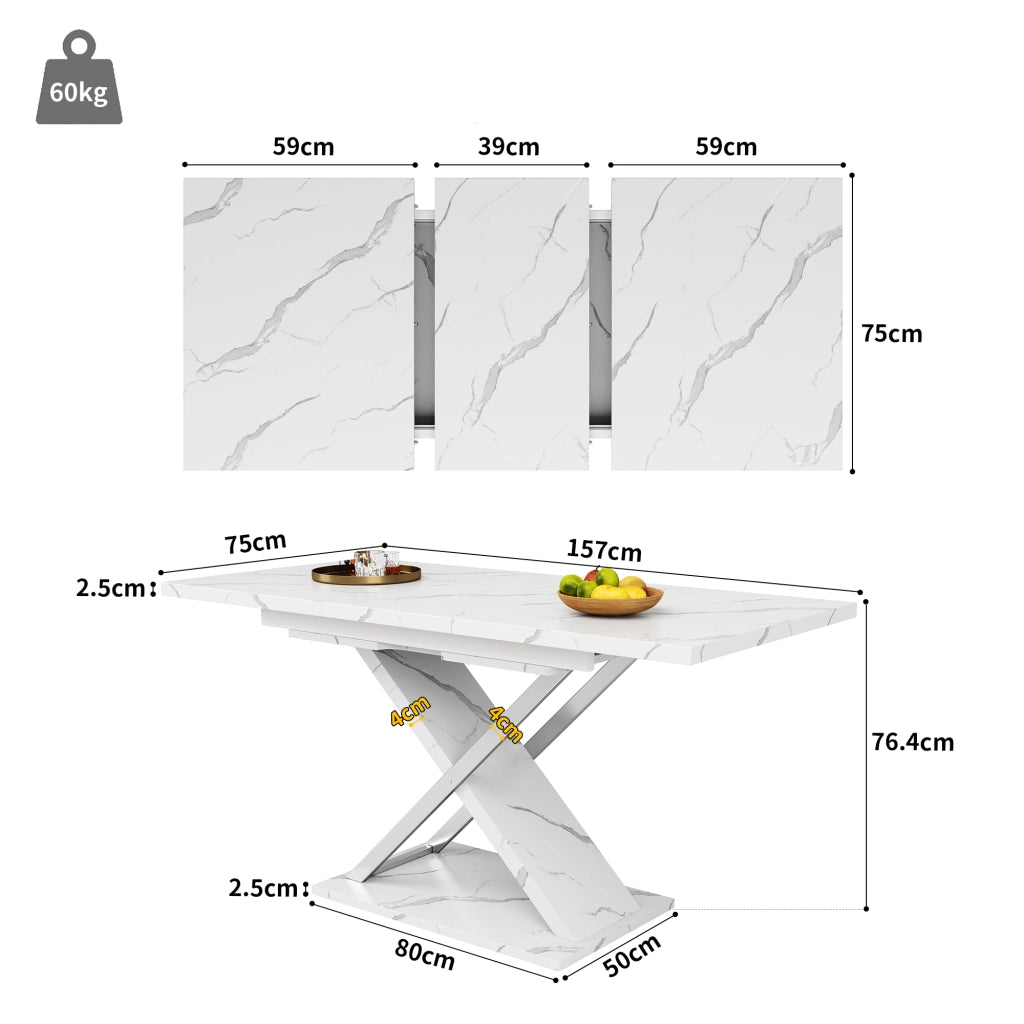 Tavolo da pranzo allungabile con 1 allunga e gambe incrociate; per cucina e soggiorno; bianco; 118 × 75 × 76;4 cm