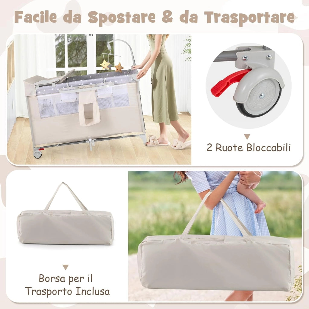 4 in 1 Lettino per Bambini con Materasso, Lettino Culla da Viaggio per Neonati, Culla Neonato con Fasciatoio, Box Portatile Pieghevole, con Ruote e Borsa, 125 x 65 x 119 cm (Beige)