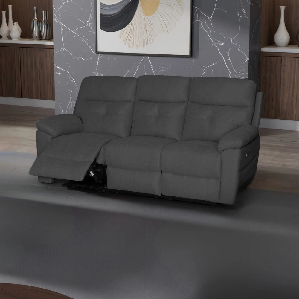 Divano Kayde 3 posti recliner elettrico in tessuto grigio scuro – Comfort e relax totale