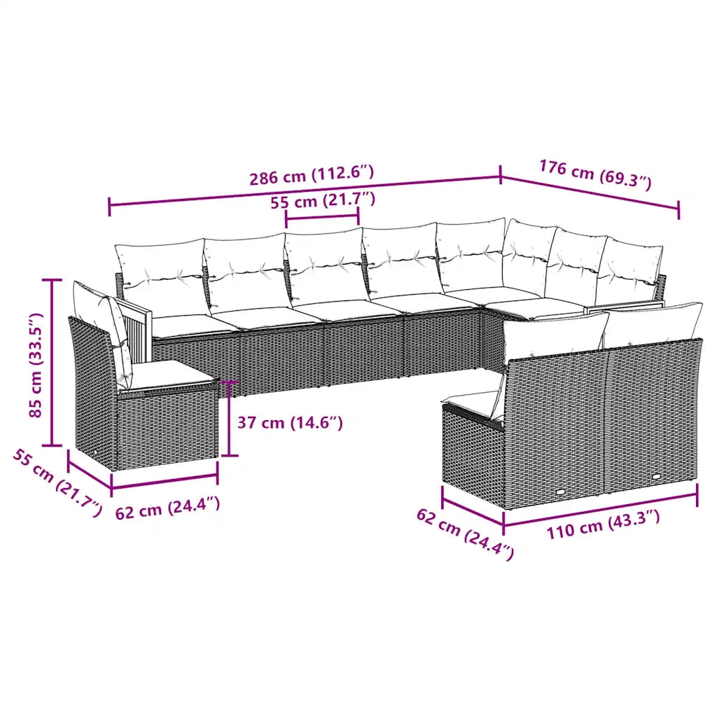 Set Divani da Giardino 10pz con Cuscini in Polyrattan Nero
