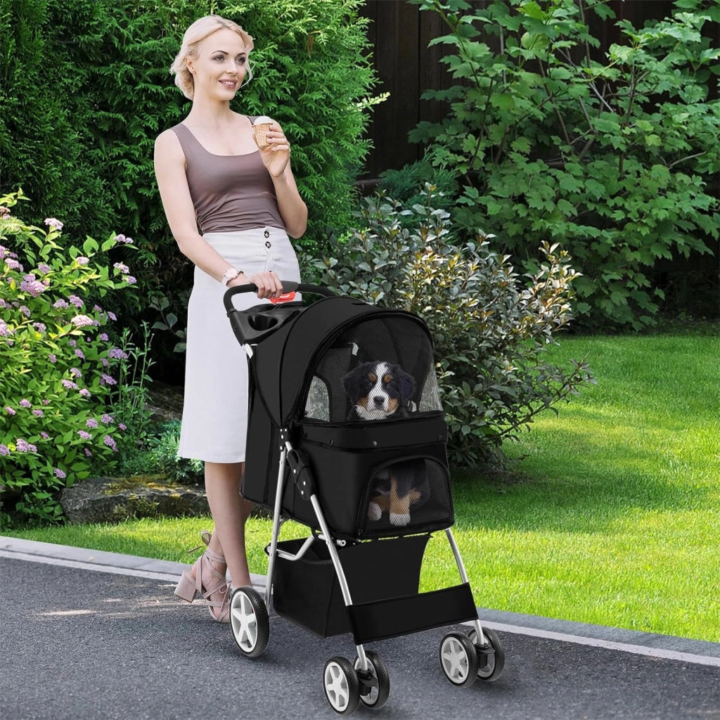 Passeggino per Cani e Gatti Pieghevole Fino 15 kg, Carrello per Animali Domestici, Trasportino Carrozzina Portatile da Viaggio e Passeggio con Tettuccio per Cuccioli, 87 x 46 x 102 cm (Nero)