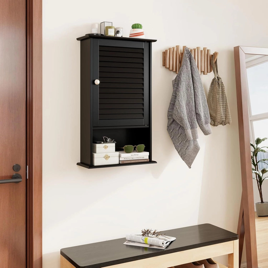 Armadio da Bagno a Parete con Porta, 2 Ripiani Regolabili e Scomparto Aperto, Armadio in Legno a 3 Livelli, Mobile Multiuso per il Bagno, Cucina, Ingresso, 42x17x70 cm (Nero)