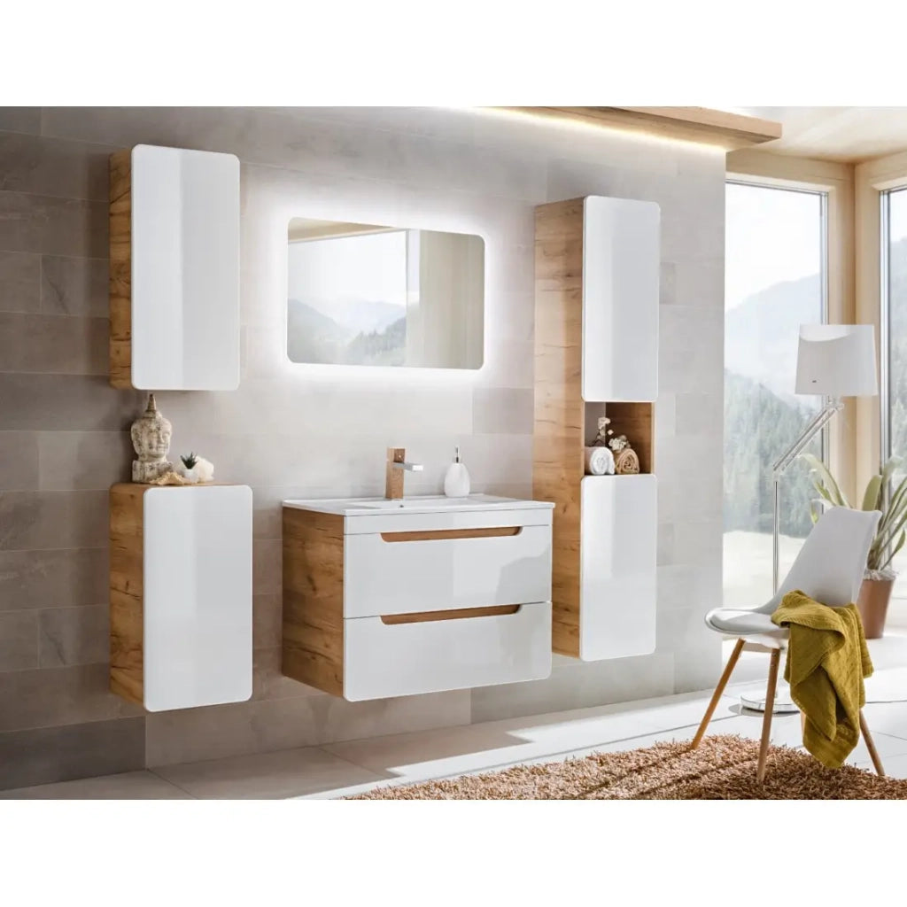 Mobile bagno ERBANO – Rovere chiaro e bianco lucido – 35x68 cm – 1 porta – Da appendere