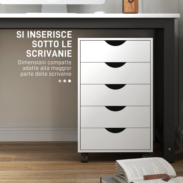 Cassettiera da Ufficio a 5 Cassetti 40x40x67 cm con Ruote Girevoli con Freni Bianco