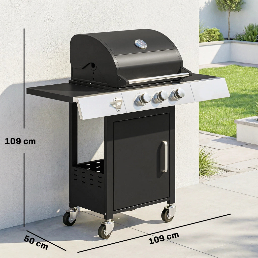 Barbecue a Gas 3 Bruciatori 8.1 kW con Termometro Griglia Armadio e Ruote ¨C Zephmum ¨C 109x50x109 cm Nero