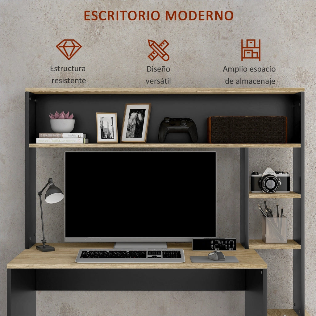 Scrivania con scaffale e supporto monitor ¨C Zephmum ¨C Grigio e naturale 114x45x138 cm