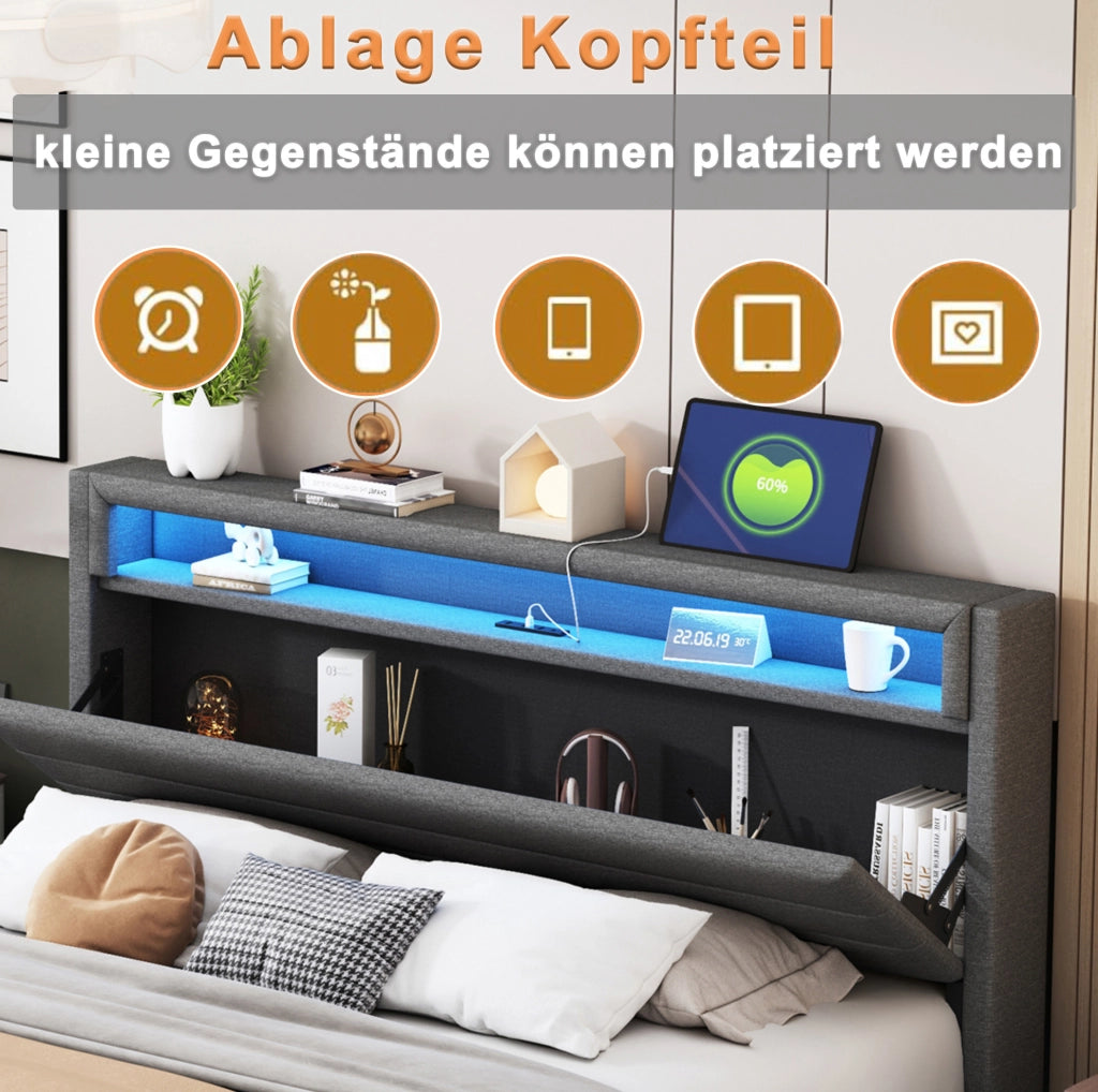 Letto matrimoniale imbottito 140x200 cm con USB; LED e testiera ribaltabile; grigio