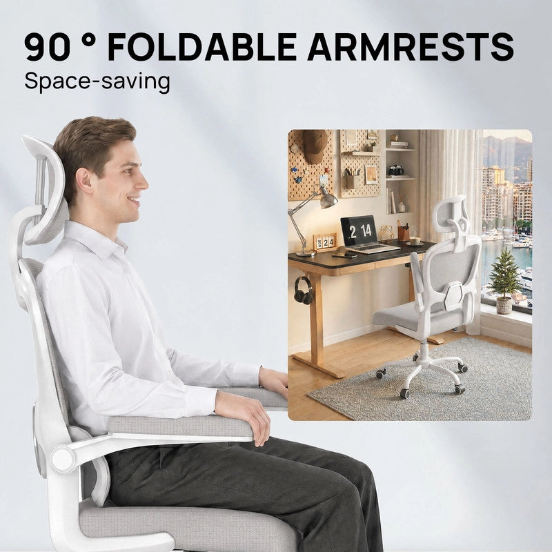 Sedia da ufficio ergonomica - Poltrona HAMLODY - con braccioli pieghevoli a 90° - Supporto lombare - Regolabile in altezza Grigio