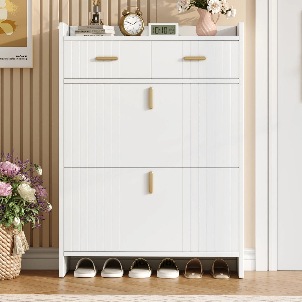 Scarpiera stretta con 2 vani a ribalta e 1 cassetto, mobile portascarpe moderno salvaspazio per ingresso, bianco, 75 ¡Á 24 ¡Á 108,5 cm