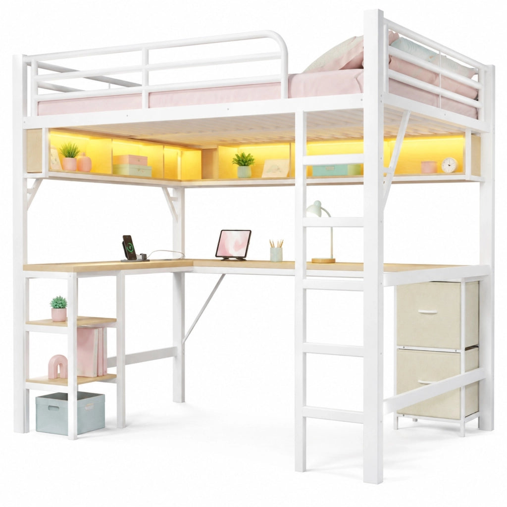Letto a soppalco 140x200 cm con scrivania, LED e USB, bianco