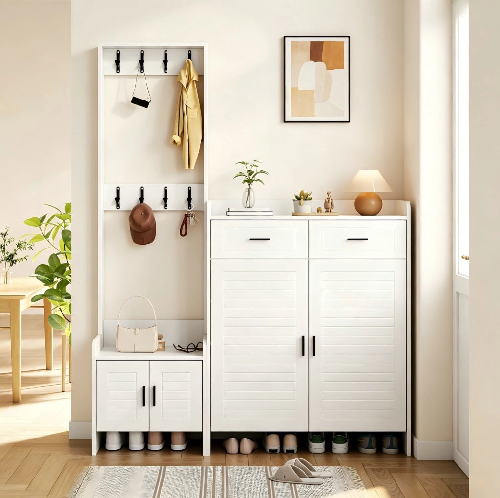 Garderobiera 125x36x165 cm con 8 ganci; 2 ante; 2 cassetti e 6 ripiani in MDF e truciolato bianco