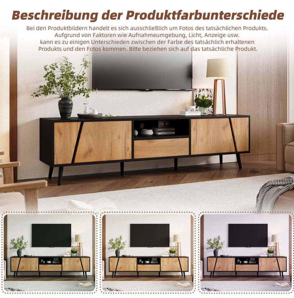 Mobile TV 180x40x46 cm nero e legno con 2 ante, cassetto e vani aperti