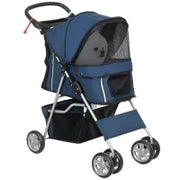 Passeggino per Cani Pieghevole con Cestino e Portabicchiere, Peso Max. 10 kg, 75x45x97cm, Blu Scuro