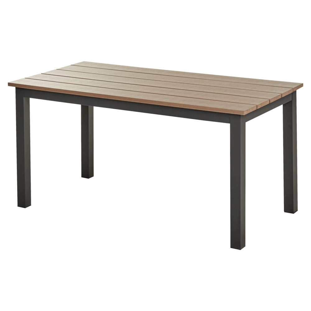 Set da giardino 5 posti in alluminio nero con divano e cuscini beige e tavolo a doghe set moderno scandinavo esterno