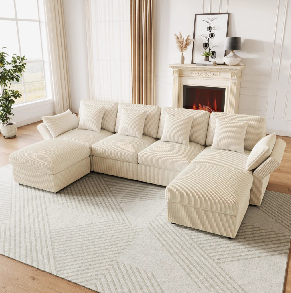 Divano modulare 4-6 posti in velluto a coste beige con pouf