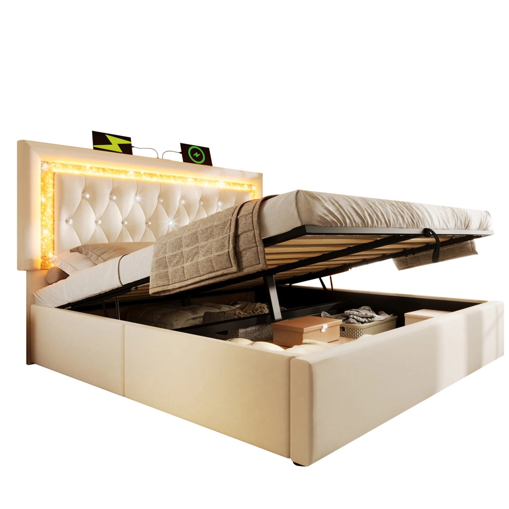 Letto matrimoniale 160x200 cm in velluto beige con LED nel testiera; USB e USB-C; contenitore idraulico