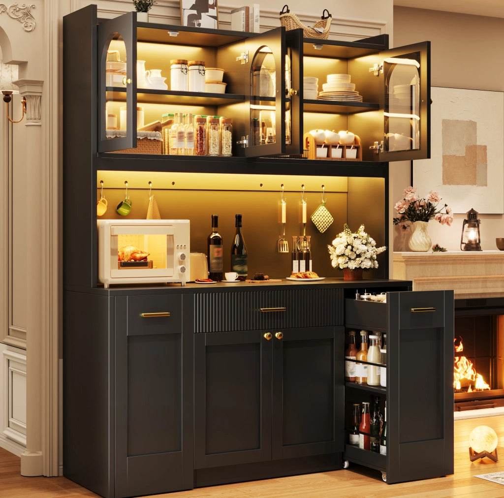 Mobile cucina alto 120x40x187 cm con LED RGB; vetrine in vetro e ripiani estraibili; nero