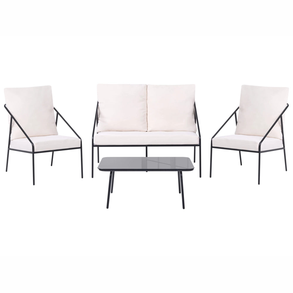 Set da giardino in metallo nero con cuscini in cotone per 4 persone con rivestimenti sfoderabili Poltrone Divano Tavolino Moderno