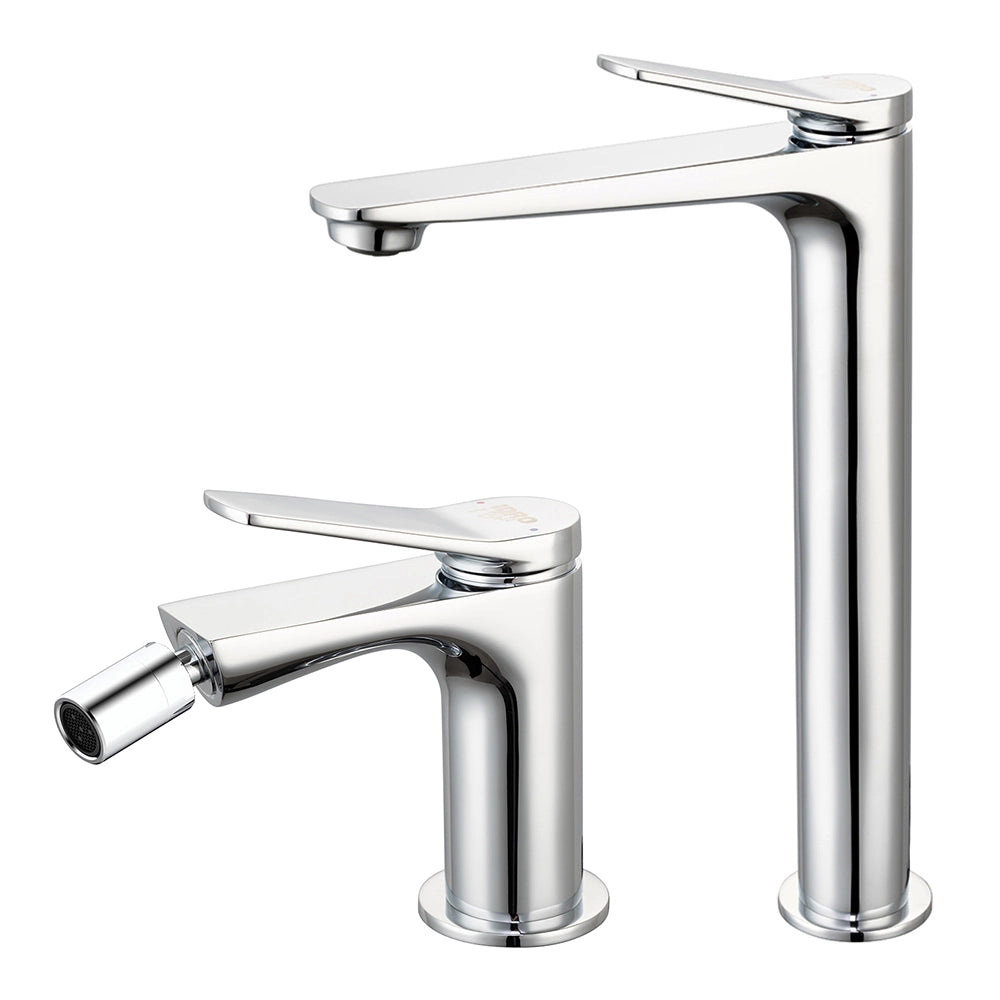 Set rubinetti lavabo alto e bidet in ottone cromo con piletta click clack linea Sound