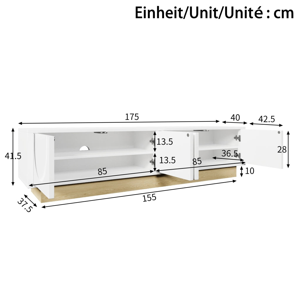 Mobile porta tv bianco con 4 ante e 2 ripiani, design curvo, per soggiorno, in MDF, 175 × 40 × 41,5 cm