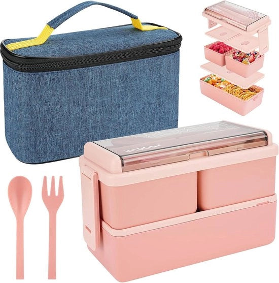 Lunchbox a 3 compartimenti - contenitore a doppia parete impermeabile - 1400 ml - sacchetto isolante e posate - contenitore per la preparazione dei pasti - per adulti bambini studenti ufficio forno a microonde