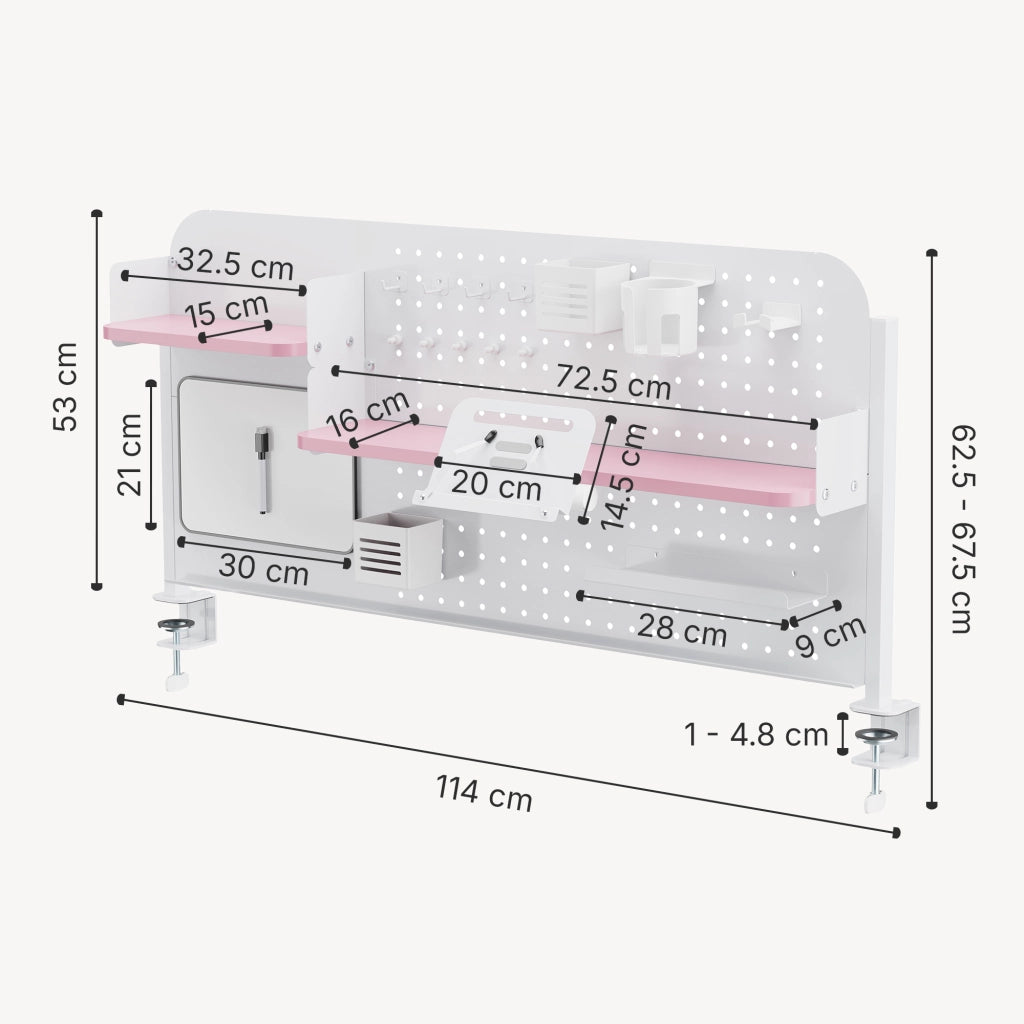 Organizzatore Sauda Pannello Forato da Scrivania con Morsetti 114x68 cm - Bianco/Rosa [en.casa]