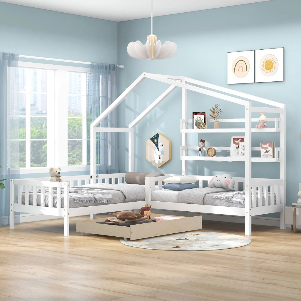 Letto a casetta per bambini 200 × 90 cm e 140 × 70 cm con cassetto, ripiani, senza materasso, bianco