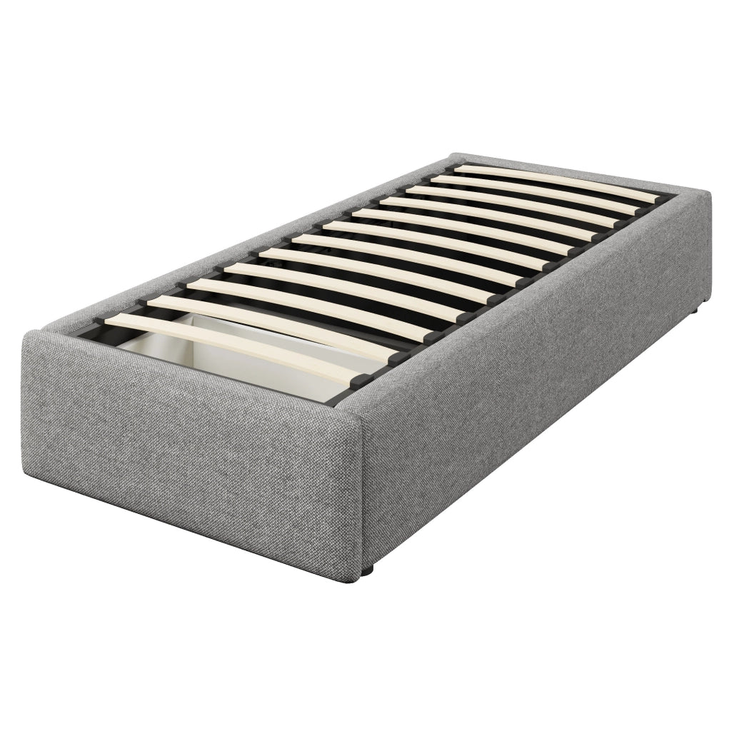 Letto imbottito 203x92x31 cm con contenitore idraulico e cassetto; rivestimento in cotone e lino grigio
