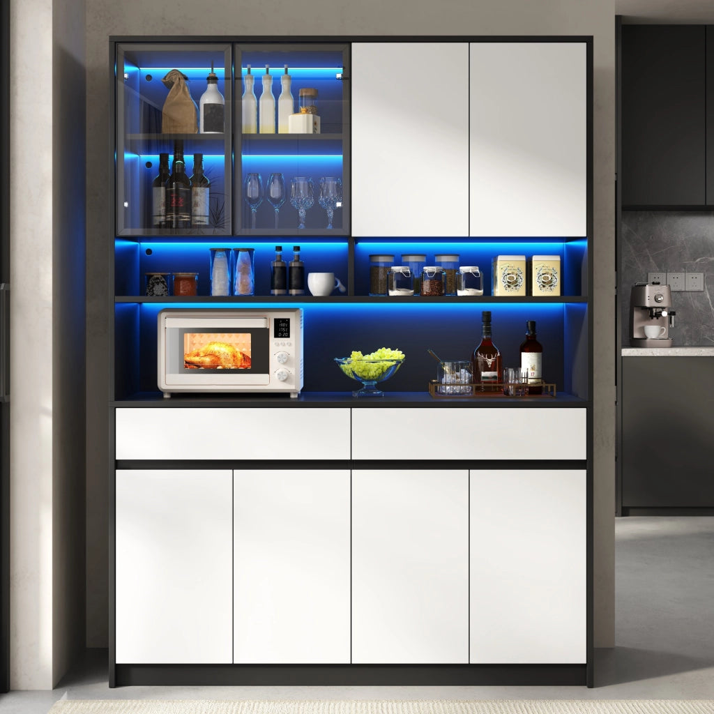 Credenza alta con LED e ante in vetro, 8 ante, 2 cassetti e vani aperti, per soggiorno, in MDF, 120 × 38 × 160 cm