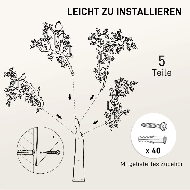 Guardaroba da parete, appendiabiti da parete con design ad albero e uccelli, nero