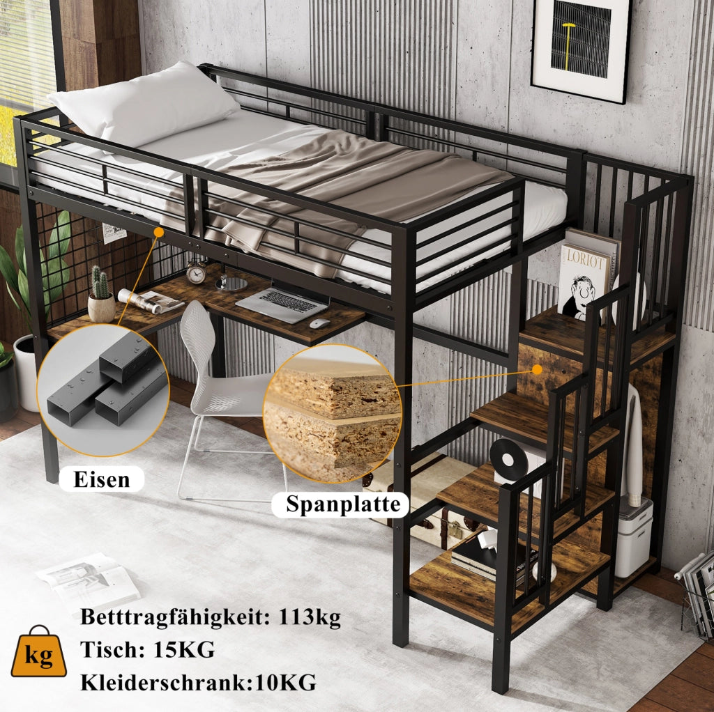 Letto a soppalco 90x200 cm con armadio e tavolo