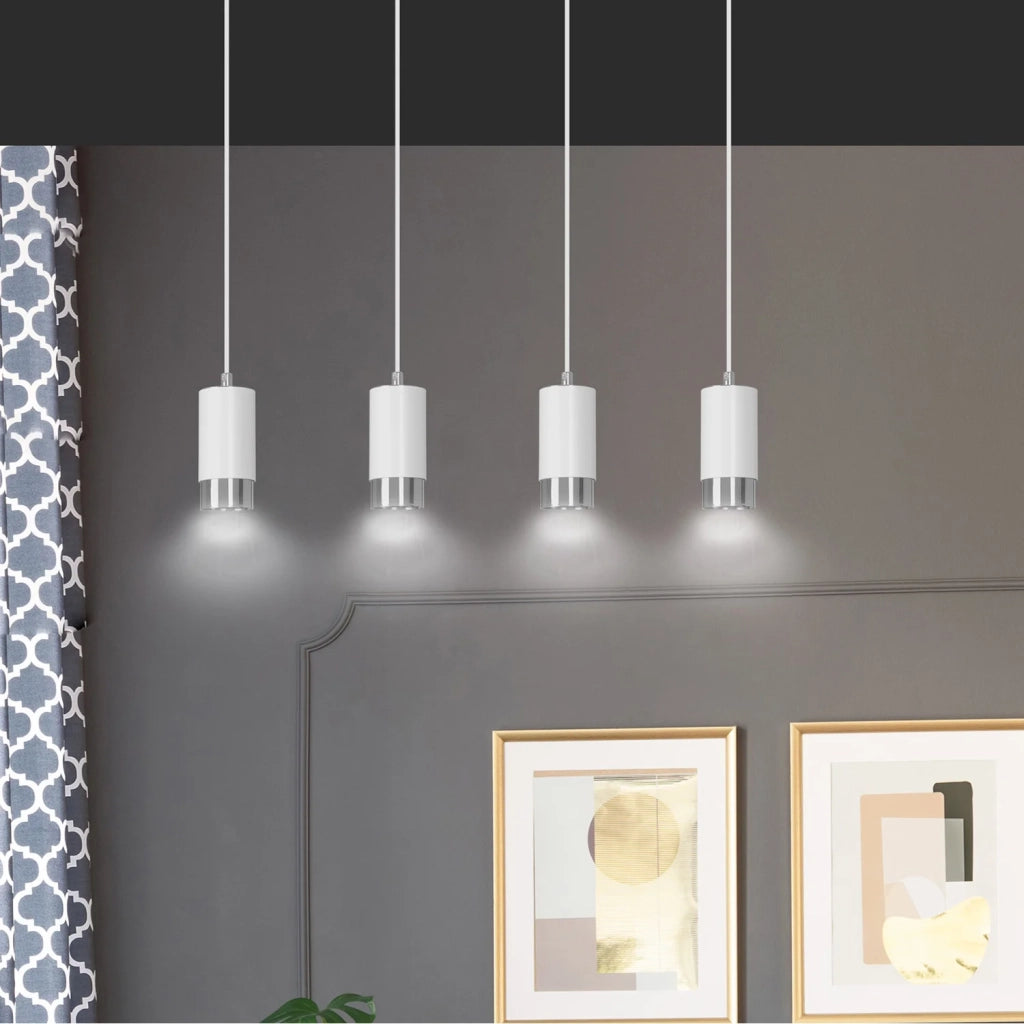 Lampadario 4 Luci Ivar Con Cilindri In Acciaio Bianco E Cromo