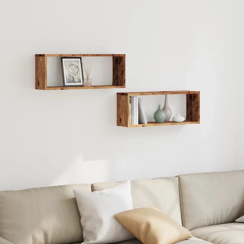 Mensole a Cubo Muro 2 pz Legno Antico 60x15x23 cm in Truciolato 856586