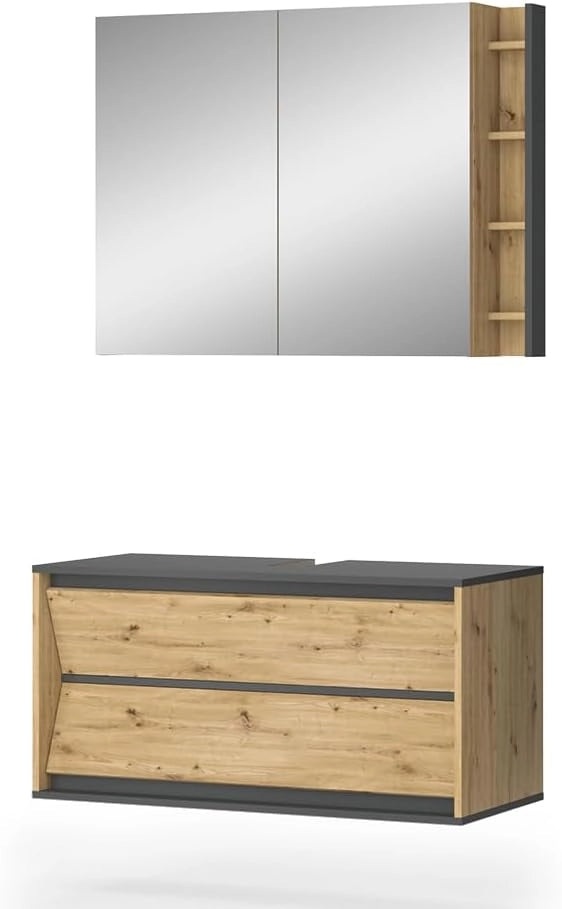 Set di mobili da bagno Edelin, Antracite/Artisan, 80 cm, composto da mobile sottolavabo, specchiera, armadio medio e pensile