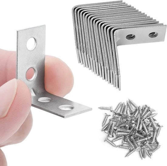 Angoli in legno - 16 pezzi - 25x25mm - Diametro foro ca. 4,5mm - Beugola a L - Spessore ca. 1,5mm - Con viti - Per fissaggio e riparazione di mobili, pannelli, finestre e armadi - Supporto angolare rettilineo - Solida capacità di carico